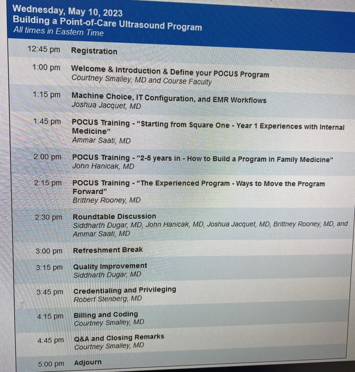 Courtney (@smallssono) on Twitter photo Looking forward to another year with great educators for our National Ultrasound Workshop! Here is our line-up for the Wednesday session, “Building a #POCUS Program”. <a href="/medcramUS/">Joshua M. Jacquet, MD, RDMS, FACEP, AEMUS FPD</a> <a href="/AmmarSaati/">Ammar Saati عمار ساعاتي</a> <a href="/siddharth_dugar/">Siddharth Dugar MD FCCM,FCCM,FASE</a> <a href="/POCUSaurusRex/">Bob Stenberg</a> <a href="/JohnHanicak/">John Hanicak</a> <a href="/emireles_c/">Eduardo Mireles-Cabodevila</a> clevelandclinicmeded.com/live/courses/g… Looking forward to another year with great educators for our National Ultrasound Workshop! Here is our line-up for the Wednesday session, “Building a #POCUS Program”. <a href="/medcramUS/">Joshua M. Jacquet, MD, RDMS, FACEP, AEMUS FPD</a> <a href="/AmmarSaati/">Ammar Saati عمار ساعاتي</a> <a href="/siddharth_dugar/">Siddharth Dugar MD FCCM,FCCM,FASE</a> <a href="/POCUSaurusRex/">Bob Stenberg</a> <a href="/JohnHanicak/">John Hanicak</a> <a href="/emireles_c/">Eduardo Mireles-Cabodevila</a> clevelandclinicmeded.com/live/courses/g…