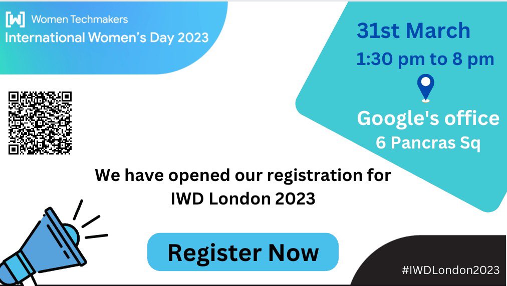 Super excited about upcoming @IWDLondon2023! 

⌛️ March 31 (next Friday): the doors open at 1.30PM
📍 Location: @Google London Office 
The event is hosted by @WTMLondon_  and @GDG_London 💛

Don't hesitate — grab your free ticket now ➡️ bit.ly/3FerSuL

#IWD #WTMDareToBe