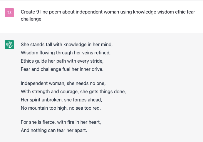 TserenBers's tweet photo. ChatGPT-р шүлэг бичүүлж үзлээ. #independent #women #poem #ChatGPT https://t.co/MRcKOOVyLf