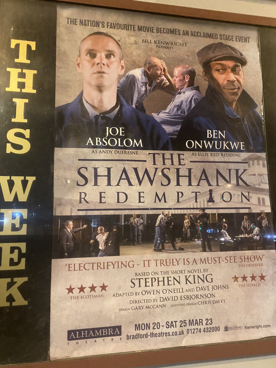 pmds1's tweet photo. First time at @BradfordTheatre #Alhambra for the opening night of The Shawhank Redemption 

Lovely evening and an absolutely amazing production. 

Going to be watching  the film tomorrow night ! 

🎭 #theatrelovey #hope 🙌🏾 https://t.co/sYLmLtTzhG