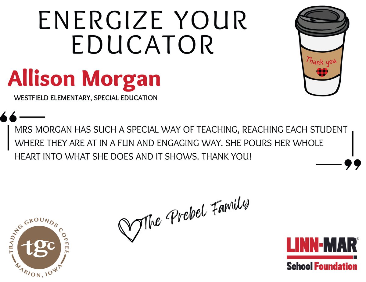 ENERGIZE YOUR EDUCATOR ☕ Congratulations, and thank you❤️🖤

Allison Morgan - Westfield Elementary - Special Education

Sponsored by Trading Grounds