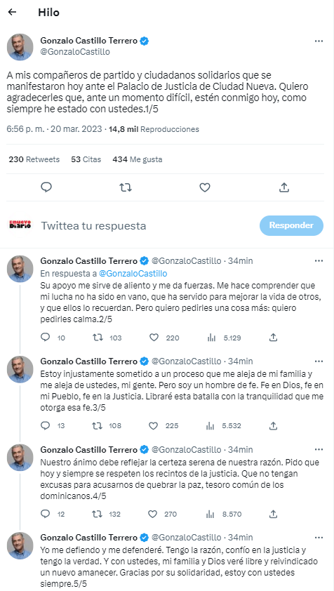 elnuevodiariord's tweet image. 🧐@GonzaloCastillo quien recientemente fue apresado por el #MP escribió hace pocos minutos un hilo de cinco tuis en su perfil, dando las gracias y pidiendo a sus seguidores continuar #Luchando, agregó que es un hombre de fe y que confía en la justicia.

#ElNuevoDiarioRD #Toga