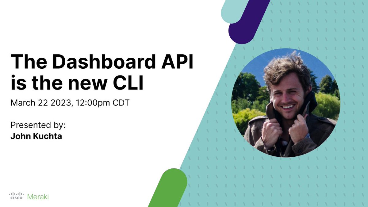 CiscoDevNet's tweet photo. Learn why IT engineers are investing more time on APIs and not CLIs with Product Architect John Kuchta during his #MerakiMagic API webinar - The Dashboard API is the new CLI.
Register today:
https://t.co/Sq8T6tvjNd https://t.co/nTvmFZTMC7