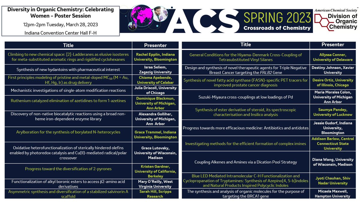 Steven Silverman (@asymtmm) on Twitter photo We hope you’ll join us next week in Indianapolis at #ACSSpring2023 for Diversity in Organic Chemistry: Celebrating Women, which includes a poster session featuring some amazing science! Tuesday, March 28 from 12-2 in Hall F-H <a href="/ACSorganic/">ACS Organic Division</a> <a href="/MidWestEWOC/">MidWest EWOC</a> <a href="/Rej21161/">Rebecca Johnson</a> <a href="/meghanamanda_16/">Meghan Baker</a> We hope you’ll join us next week in Indianapolis at #ACSSpring2023 for Diversity in Organic Chemistry: Celebrating Women, which includes a poster session featuring some amazing science! Tuesday, March 28 from 12-2 in Hall F-H <a href="/ACSorganic/">ACS Organic Division</a> <a href="/MidWestEWOC/">MidWest EWOC</a> <a href="/Rej21161/">Rebecca Johnson</a> <a href="/meghanamanda_16/">Meghan Baker</a>