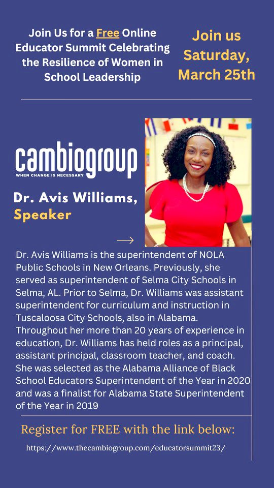Hey ladies (&amp; gentlemen)! It’s #WomensHistoryMonth &amp; time to lean in on how we are taking care of our wellbeing. I’m excited about Celebrating the Resilience of Women in School Leadership with this powerful group!  #equity #excellence #joy Register here: thecambiogroup.com/educatorsummit…