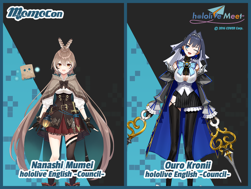 hololiveMEET is coming to MomoCon! Please help us welcome Ouro Kronii and Nanashi Mumei from hololive English -Council- and Regis Altare, Josuiji Shinri, and Axel Syrios from HOLOSTARS English -TEMPUS- on Friday and Saturday at MomoCon 2023!