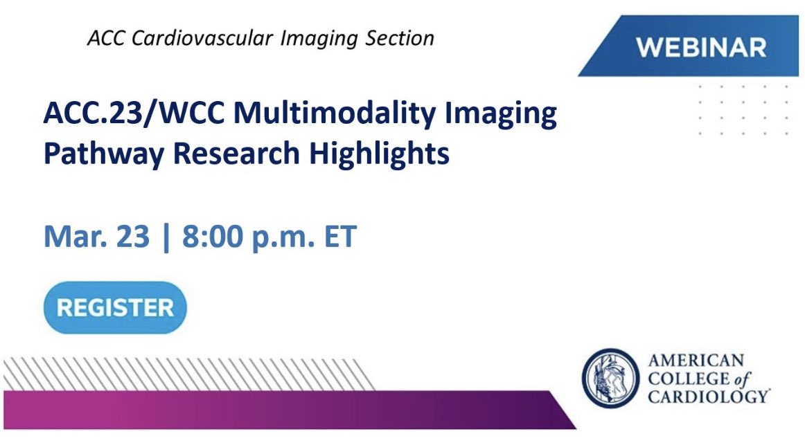 Join my colleagues and I as we discuss all the 🔥🔥🔥 Imaging research highlights from #ACC23 #WCC 

THIS Thursday 3/23 at 8pm EST 

Register below 👇🏼

acc.org/Education-and-…