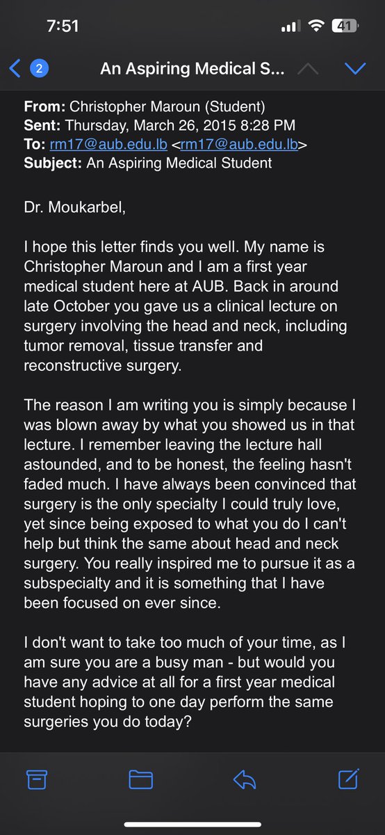 CAMaroun's tweet photo. 8 years ago, I sent this email after 30 minutes of walking around contemplating if I should or not. This email changed my life, set me on my career path under the guidance of the most amazing mentor, and here I am today, PGY3 OHNS resident. So thankful 🙏🏻 https://t.co/yGfF0cLrfl