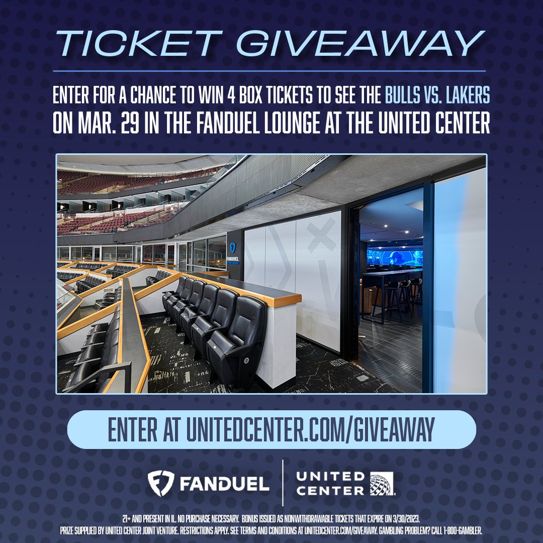 TICKET GIVEAWAY: Want to win FOUR box tickets to experience the Bulls vs. Lakers game from the <a href="/FDSportsbook/">FanDuel Sportsbook</a> Lounge inside the United Center on March 29?

For 23 ways to enter, visit: unitedcenter.com/giveaway