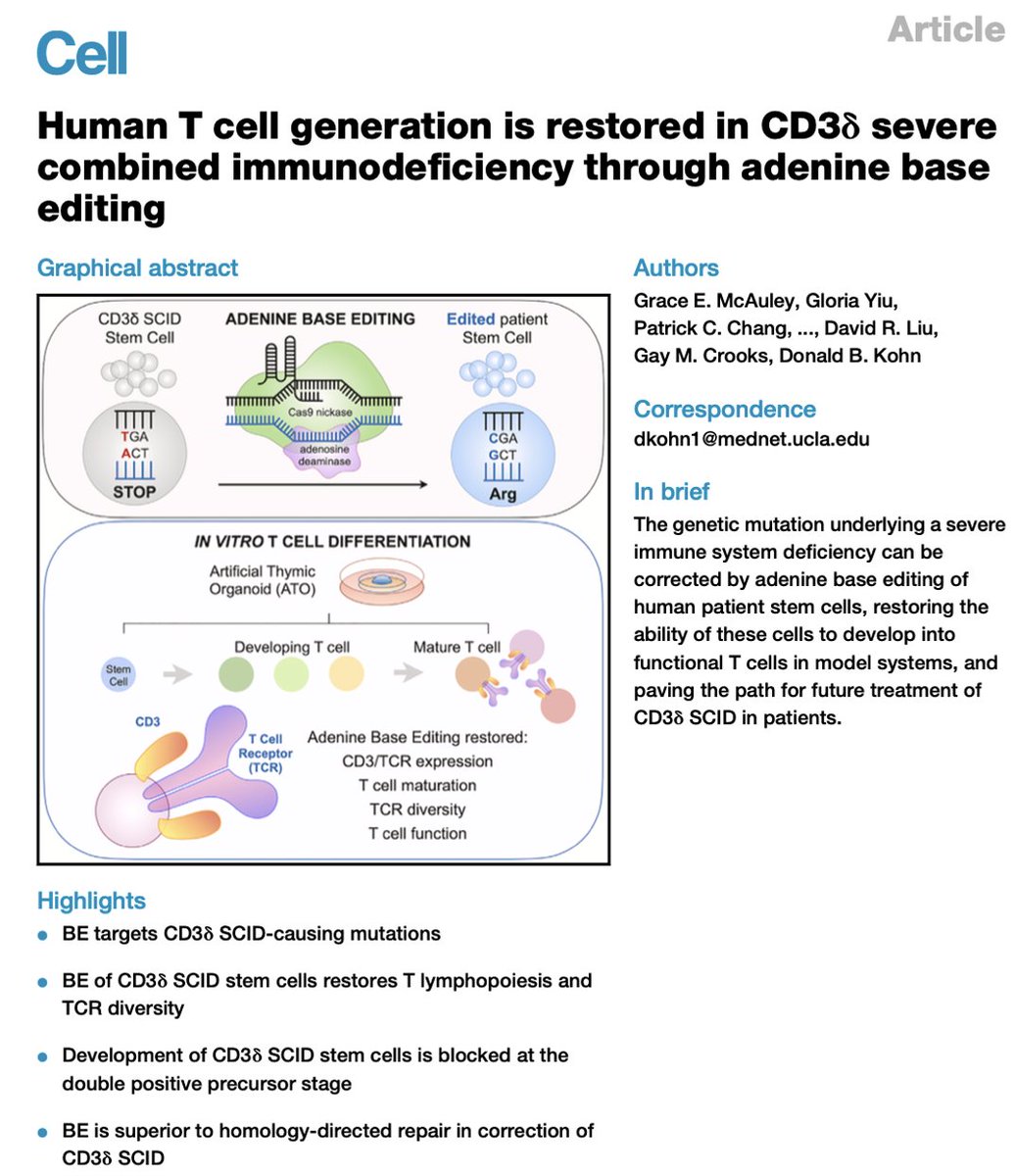 Grace_Mcauley's tweet photo. Today we report in @CellCellPress, a study led by the labs of Donald Kohn (@kohnlab) and Gay Crooks in collaboration with @davidrliu's team, in which we utilized adenine base editing to correct the mutation that causes CD3 delta severe combined immunodeficiency in HSPCs (1/8) https://t.co/3eW46t4sOJ