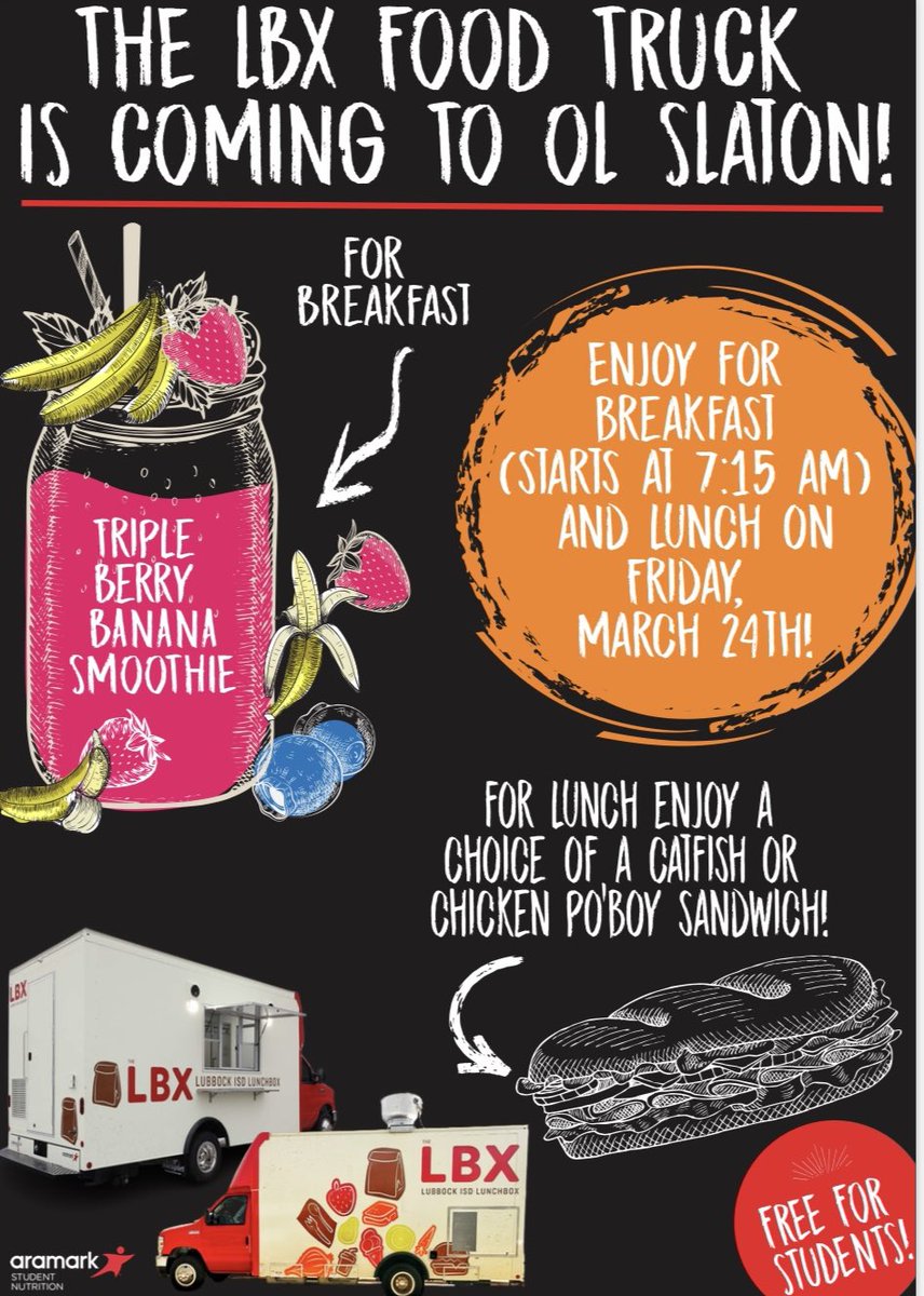 Coming this Friday to O.L. Slaton! Join us at the LBX Food Truck for breakfast and lunch! <a href="/LubbockISD/">Lubbock ISD</a> <a href="/LubbockISDTV/">LubbockISD TV</a>