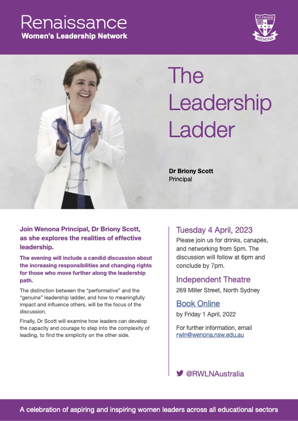 Join us Tuesday 4 April for our first RWLN event for 2023. Wenona Principal Dr Briony Scott will explore effective leadership and the increasing responsibilities and changing rights for those moving along a leadership path: bit.ly/402bbuZ