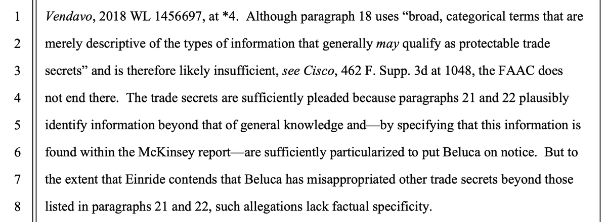 You don't have to be very specific about #TradeSecrets in your complaint if you can point to specific documents where they may be found. It's just notice pleading, after all. business.cch.com/ipld/BelucaVen…