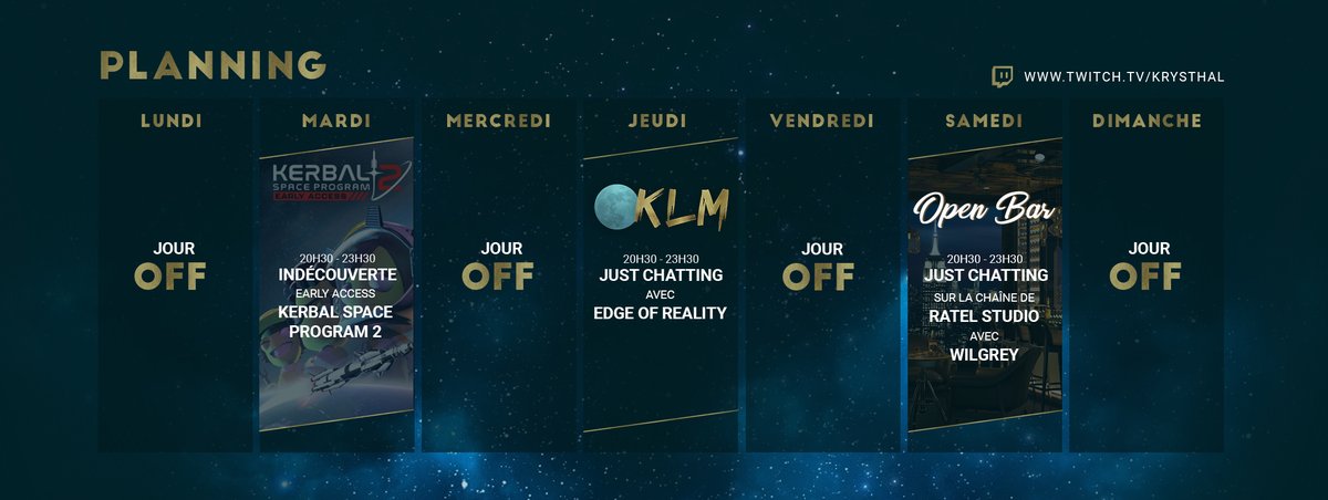 Krysthal_Live's tweet image. Petit planning du bonheur #Twitch ! ✨

Mardi soir, c'est une #Indécouverte sur @KerbalSpaceP 2, jeudi soir c'est le retour d'#OKLM avec l'incroyable @EdgeOfReality_ comme invité et samedi on se retrouve chez @RatelStudio avec @TheWilgrey pour la 2ième de #OpenBar ! 💖

Hâte ! 🥰