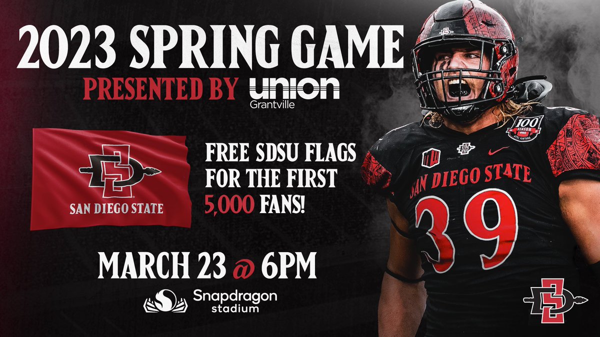 Did you claim your FREE tickets for Thursday's Spring Game yet?! Get yours now at GoAztecs.com/SpringGame. Gates open at 5 pm and the 1st 500 fans get a FREE @SDSU flag! #TheTimeIsNow