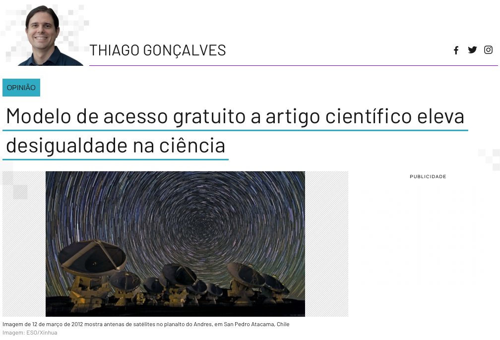 As publicações de acesso aberto só servem como forma de reforçar o colonialismo na ciência. Discuto isso na minha última coluna. #espacotempo <a href="/tilt_uol/">Tilt UOL</a>