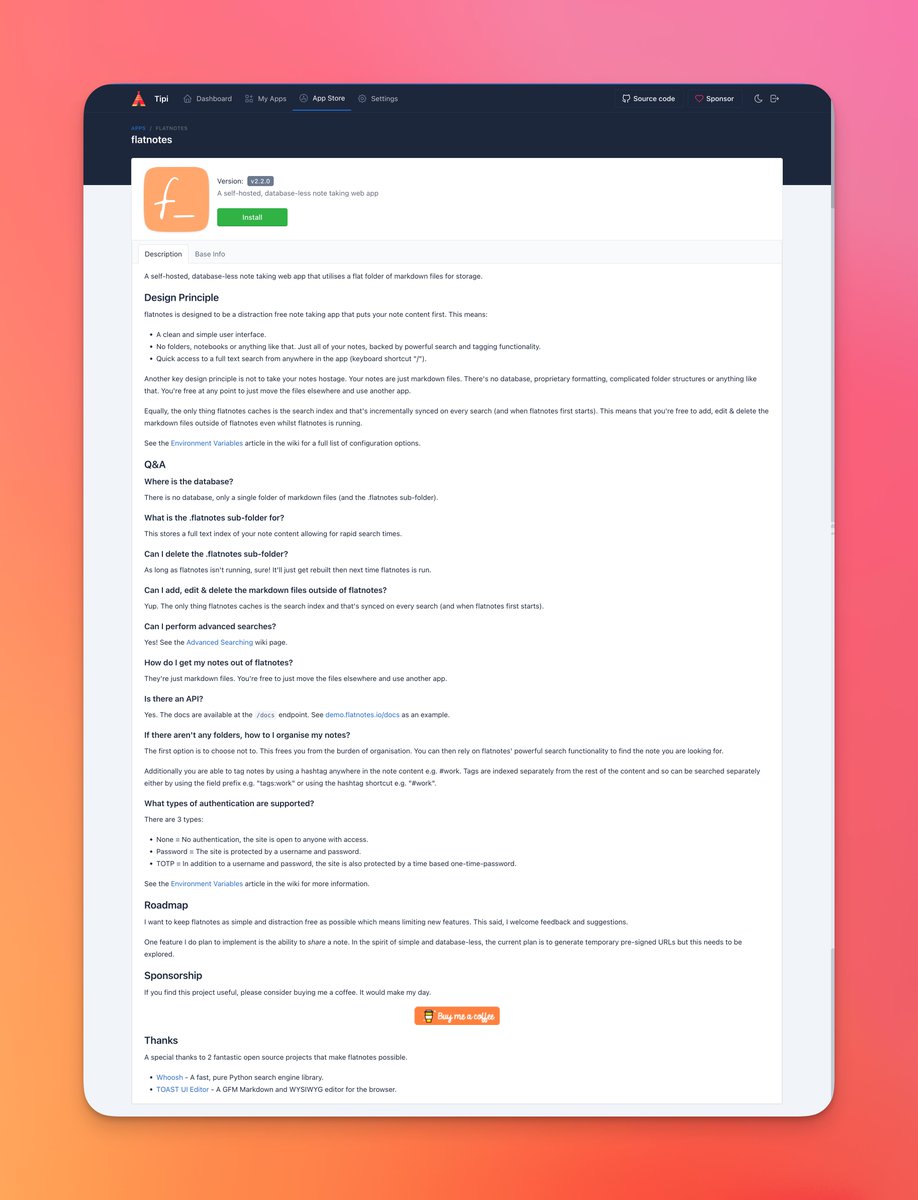 We recently added Duplicati, <a href="/ownCloud/">ownCloud</a>, <a href="/dokuwiki/">DokuWiki</a>, <a href="/nocodb/">NocoDB</a> and over 30+ apps within the past 2 month! Come check out our new available apps in your dashboard or on our new Website!

runtipi.io/docs/apps-avai…

Previews Below 👇