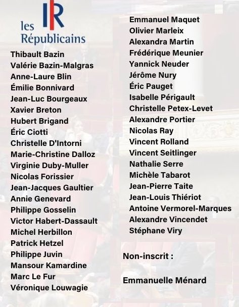 f_philippot's tweet photo. Voilà les députés LR + Emmanuelle Ménard qui ont sauvé Borne et Macron en refusant de voter la #MotionDeCensureTransPartisane ! 

Honte éternelle à eux ! 
Plus un seul ne doit jamais être réélu ! https://t.co/FY5581QRuA