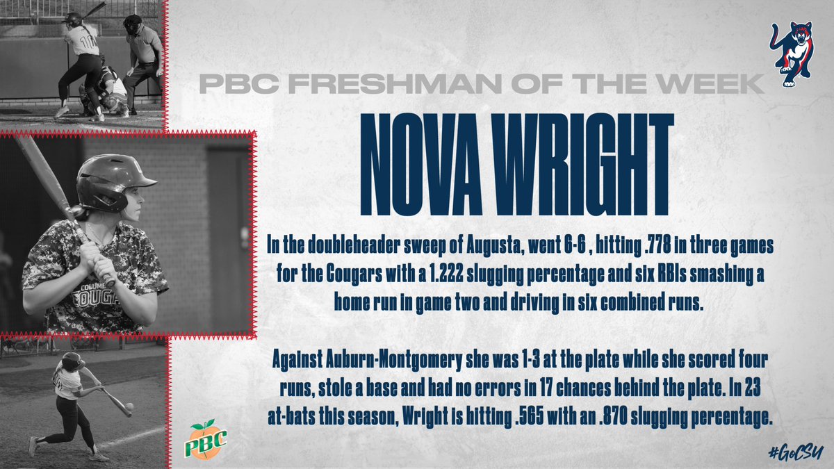 CSUCougars's tweet photo. ❗️FRESHMAN OF THE WEEK❗️

Nova could not be stopped this week and was an absolute menace at the plate! 

Congratulations @hailey_nova on being named this weeks PBC Freshman of the Week ‼️ 

#GoCSU 🐾 https://t.co/TBNmUvuxZ2