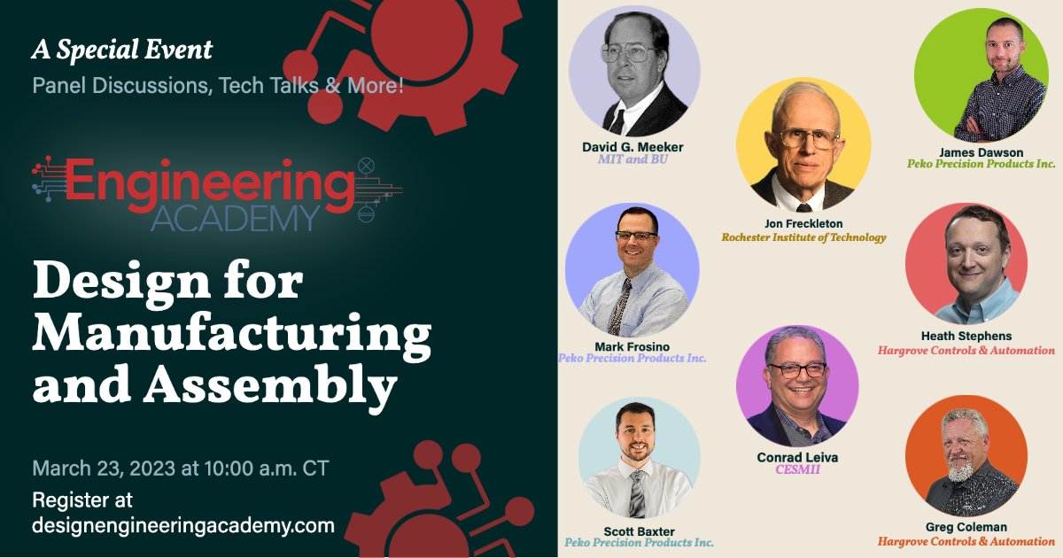 MicrowavesRF's tweet image. This Thursday is the first #EngineeringAcademy program of 2023! The topic is #designformanufacturing &amp;amp; assembly (#DFMA), &amp;amp; you can expect to hear discussions between experts from @RITtigers, @MIT &amp;amp; @BU_Tweets, @CESMII_SM, @pekoprecision &amp;amp; @hargrove_epc. bit.ly/3IiKOcq