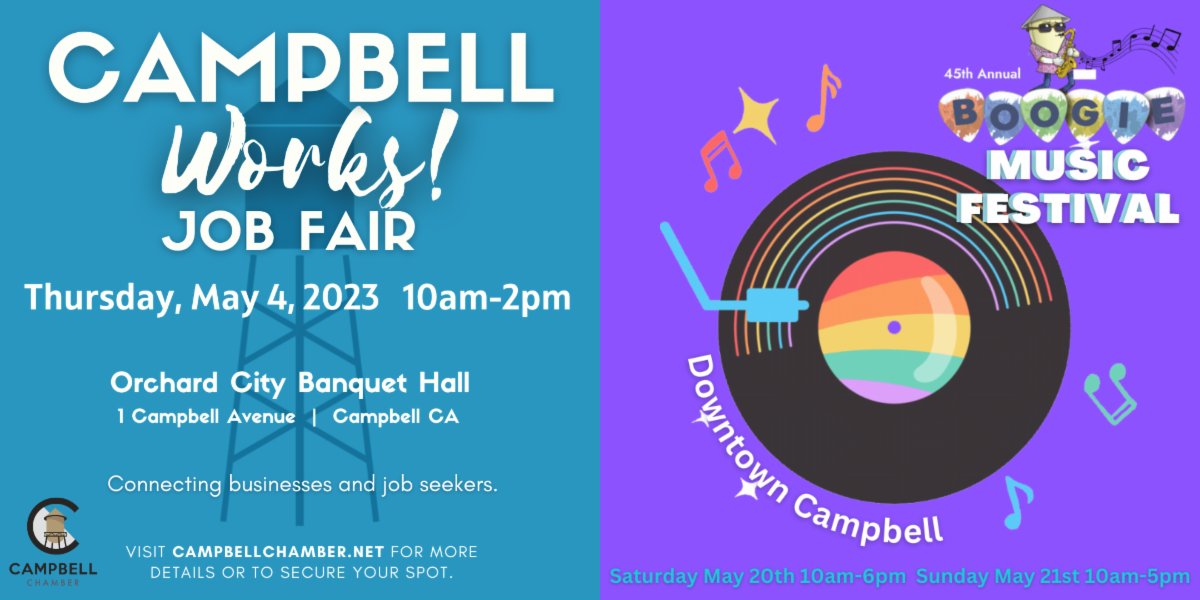 Chamber Enews for the Week of March 20th through 24th, 2023

Registration is Open for the Campbell Works Job Fair
Accepting Vendor Applications &amp; Volunteers for Boogie
Get Your Pictures from Celebrate Campbell

Get all the deets at conta.cc/4032fpd
