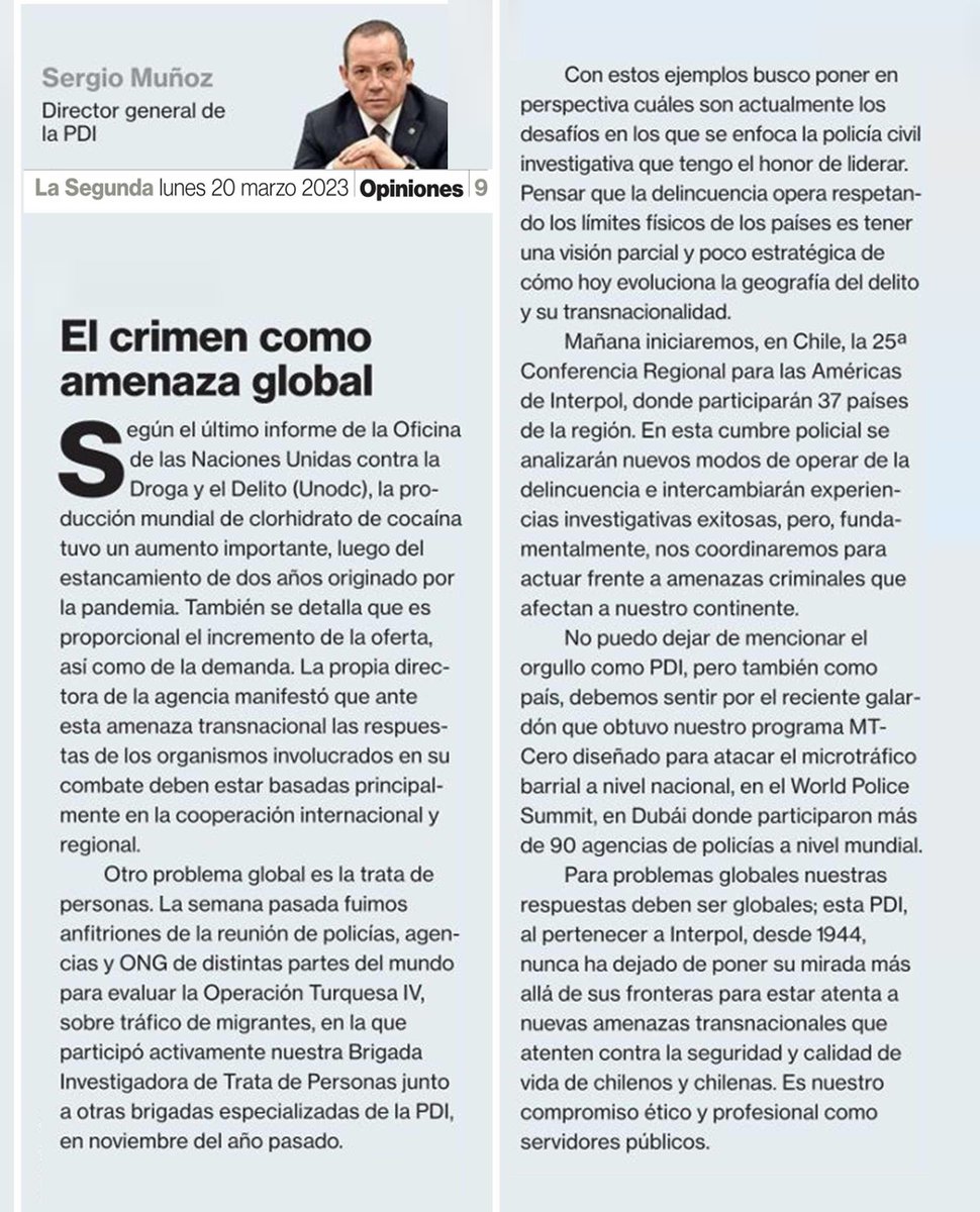 PDI_CHILE's tweet photo. Hoy, en @LaSegunda, Director General Sergio Muñoz destaca importancia de la cooperación policial, ad portas del inicio de la 25° Conferencia Regional de Las Américas de @Interpol_HQ "Para problemas globales nuestras respuestas deben ser globales" 👇🏼
https://t.co/3F8p7O1y1C https://t.co/KuoHC5jC1t