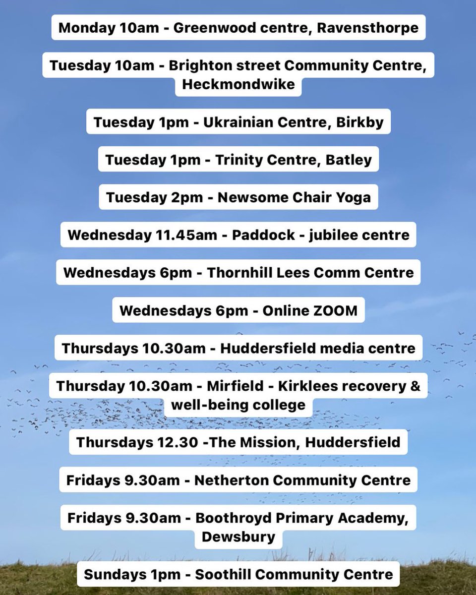 ☂️ We’d love to see you this week! ☂️
.
Things will slow down over Easter, Ramadan and school hols soon… but this week there’s the full schedule to choose from 💕
.
#accessibleyoga #communityyoga #batley #kirklees #mirfield #ravensthorpe #dewsbury 

Thanks to <a href="/KirkleesComPlus/">Kirklees Community Plus</a> 🙌