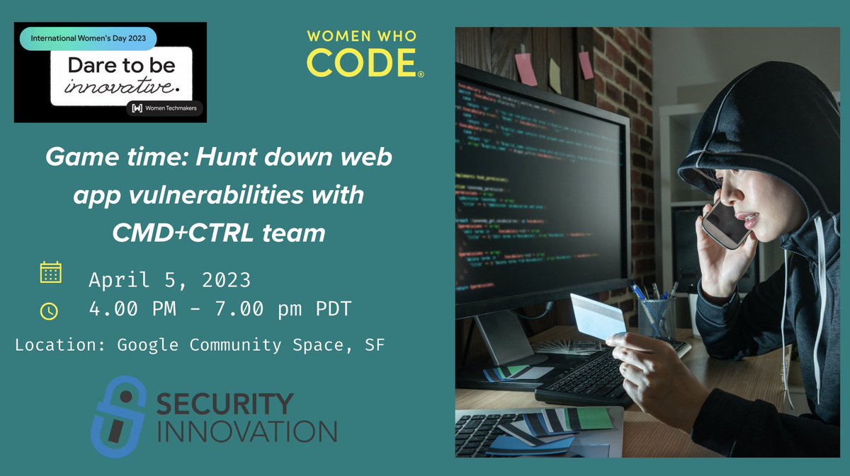 wwcode_sv's tweet image. Join us with Security Innovation on April 5 starting at 4:00 PM PDT to test your skills in hunting down #webapp vulnerabilities &amp;amp; learn how to secure your apps through a game!

Learn more on our meetup: bit.ly/WWC-CMDCTRL

#womenwhocode #cyber #securityinnovation