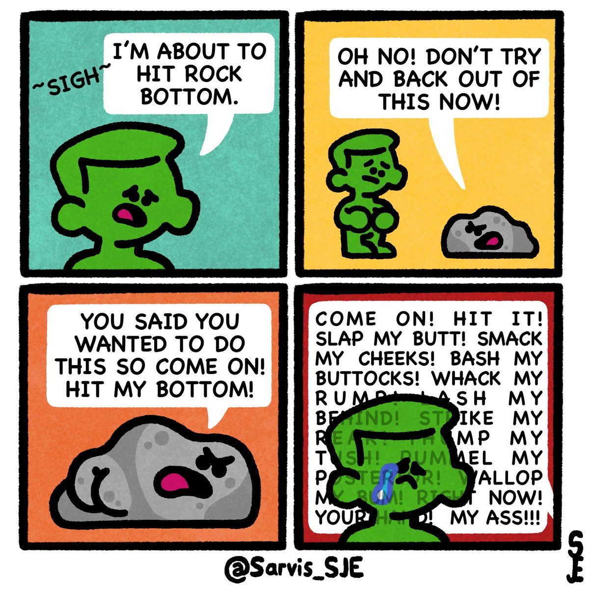 Sarvis_SJE's tweet photo. “Not Feeling Bold-er.” 🪨🍑

#comic #worried #rock #angry #butt #smack #commands #shouting #profanities https://t.co/xPAxaBOWpV