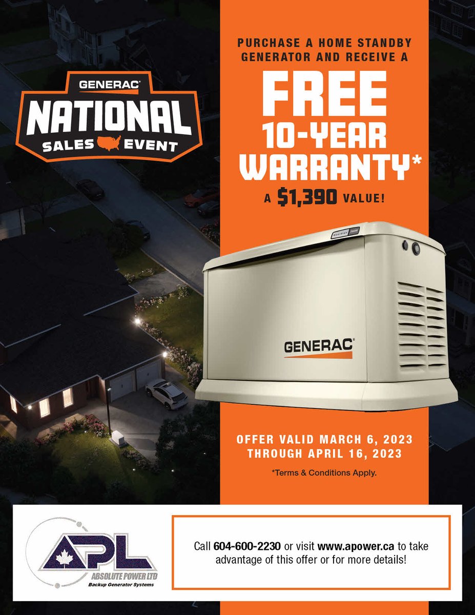 Act now before its too late! 
Offer valid from March 6th- April 16th 2023 

#Generac #Generacdealer #poweryourlife #free10year #warranty #smallbuisness #lowermainland #Langley #generators