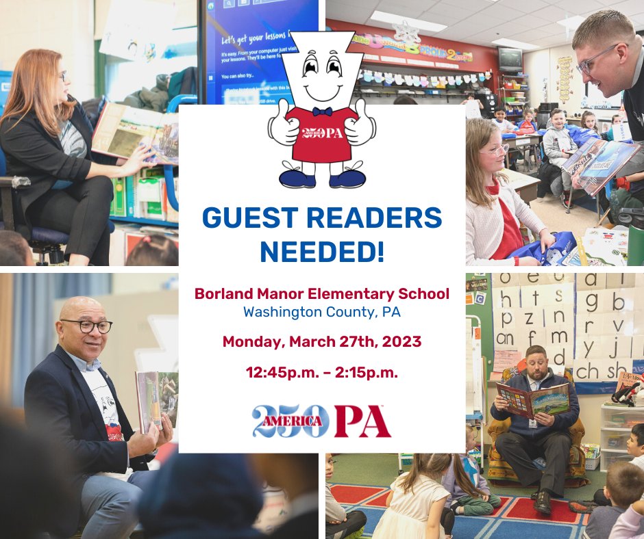 America250_PA's tweet photo. Western PA – we are in need of more guest readers for our next Keystone Classroom Initiative visit at Borland Manor Elementary School in #WashingtonCounty on Monday, March 27. Can YOU #JoinUs?
Sign up here: https://t.co/HAP2DfOGTj
#KeystoneClassroomInitiative #Promise250PA https://t.co/UaMn7kFLta