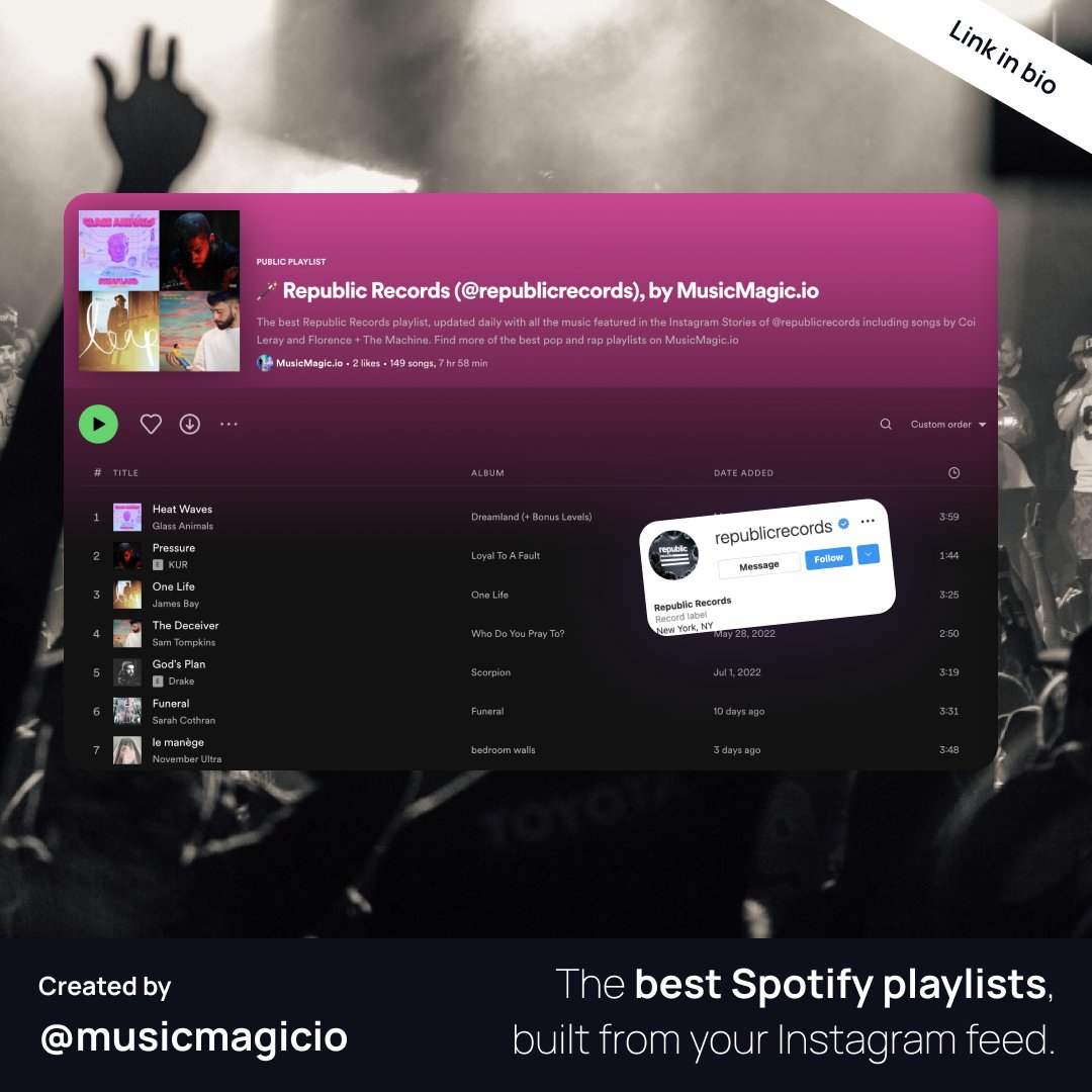 musicmagicio's tweet photo. ⚡️Get the best music from @RepublicRecords with our playlist curated by @MusicMagicio 🪄
#nowplaying #spotifyplaylist #playlist #musicplaylist https://t.co/u7KnRkd031 https://t.co/k2grvUjXFQ