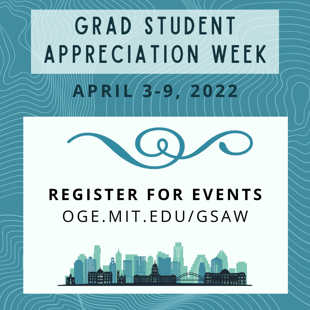 MITGradStudents's tweet photo. The first week of April is #GradStudentAppreciateWeek! Check out our calendar of events and sign up for events with limited spots - like chair massages, paint night and more! We have activities for all grad students and families.
https://t.co/ec6PkECfNA
#GradLove https://t.co/t3hPTwmicZ