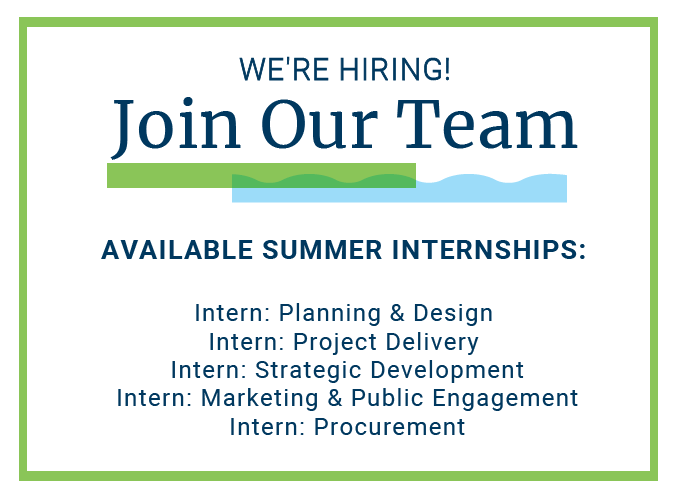 We have five summer internships available! Intern, Planning &amp; Design; Intern, Project Delivery; Intern, Strategic Development; Intern, Procurement; Intern, Marketing &amp; Public Engagement. Learn more about each of these new opportunities: bit.ly/3jCxrYK