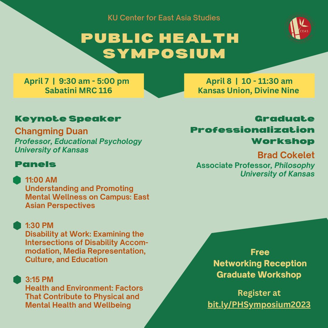 The Public Health Symposium is fast approaching! Have you registered yet?
KU Center for East Asian Studies presents the Publis Health Symposium 2023! Register on kusurvey.ca1.qualtrics.com/jfe/form/SV_0x…
Full Program at bit.ly/PHS2023Program 
or scan the QR code for registration and full program