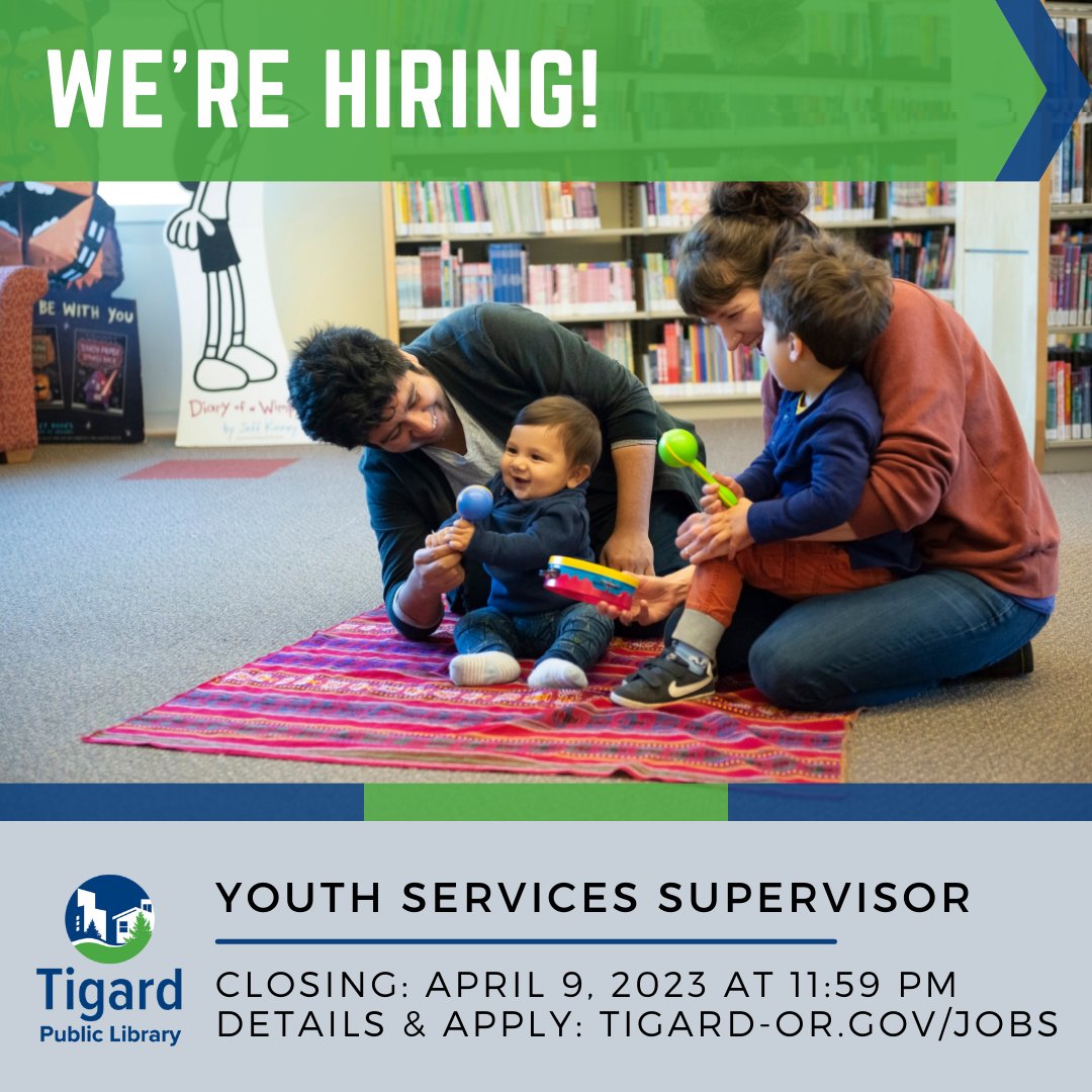 We're hiring a Youth Services Supervisor! If you...
✔️ are an experienced library leader
✔️ have high emotional intelligence
✔️work with a spirit of inclusive collaboration
This might be the role for you! 
Find out more: ow.ly/IjZ550Nn8xP

#LibraryJob #LibrarianJob