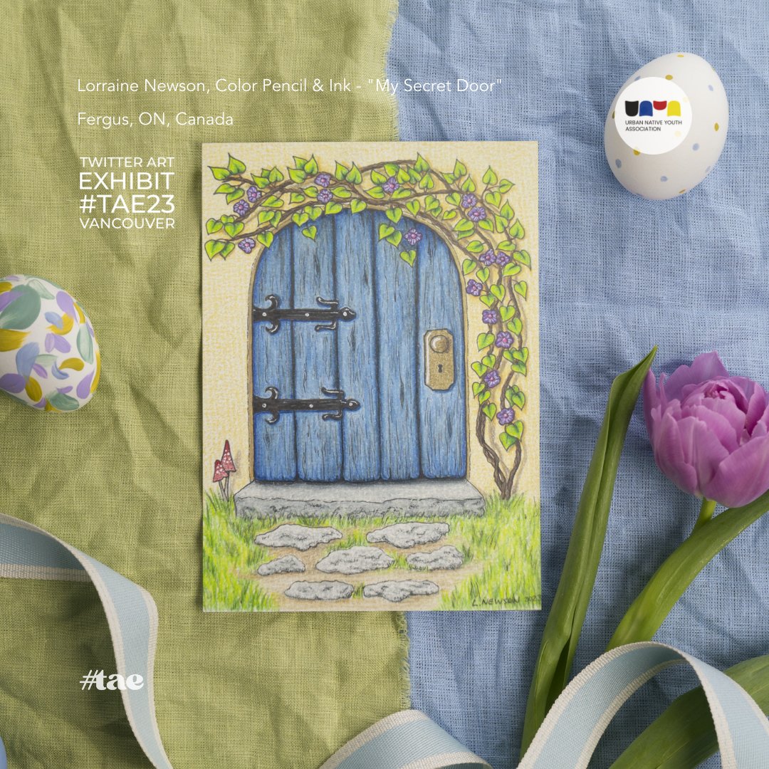 ""My Secret Door", by Lorraine Newson from Canada. Thank you for your lovely Color Pencil &amp; Ink artwork. Lorraine is donating this art card as a contribution for #TAE23 art fundraiser for <a href="/unyayouth/">Urban Native Youth Association (UNYA)</a>. #vancouverbc #twitterartexhibit #indigenous #giving #artforacause