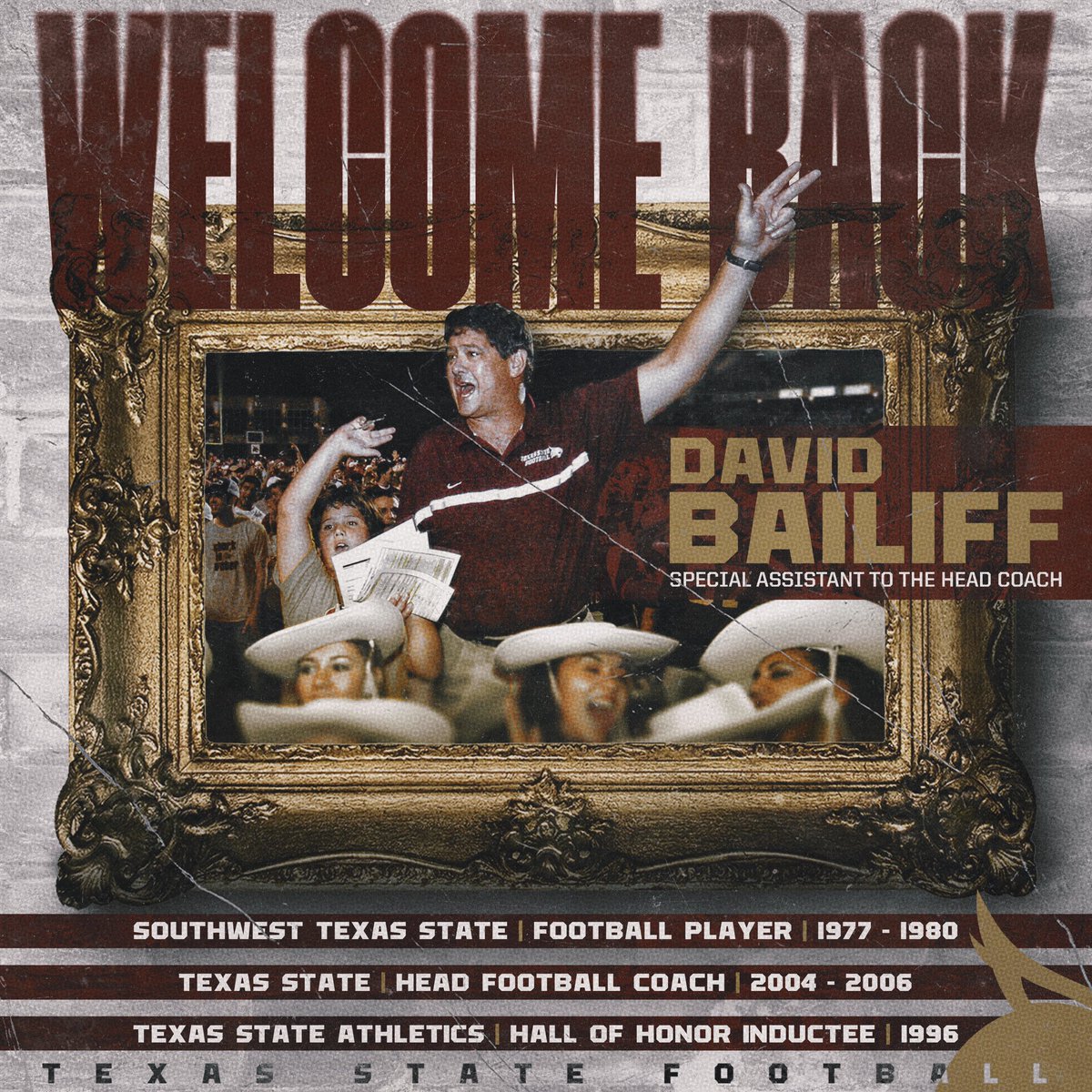 TXSTATEFOOTBALL's tweet photo. 𝐖𝐞𝐥𝐜𝐨𝐦𝐞 𝐁𝐚𝐜𝐤

Coach Bailiff has rejoined the Bobcats as a special assistant to the head coach

#EatEmUp https://t.co/8nux3sZUNZ