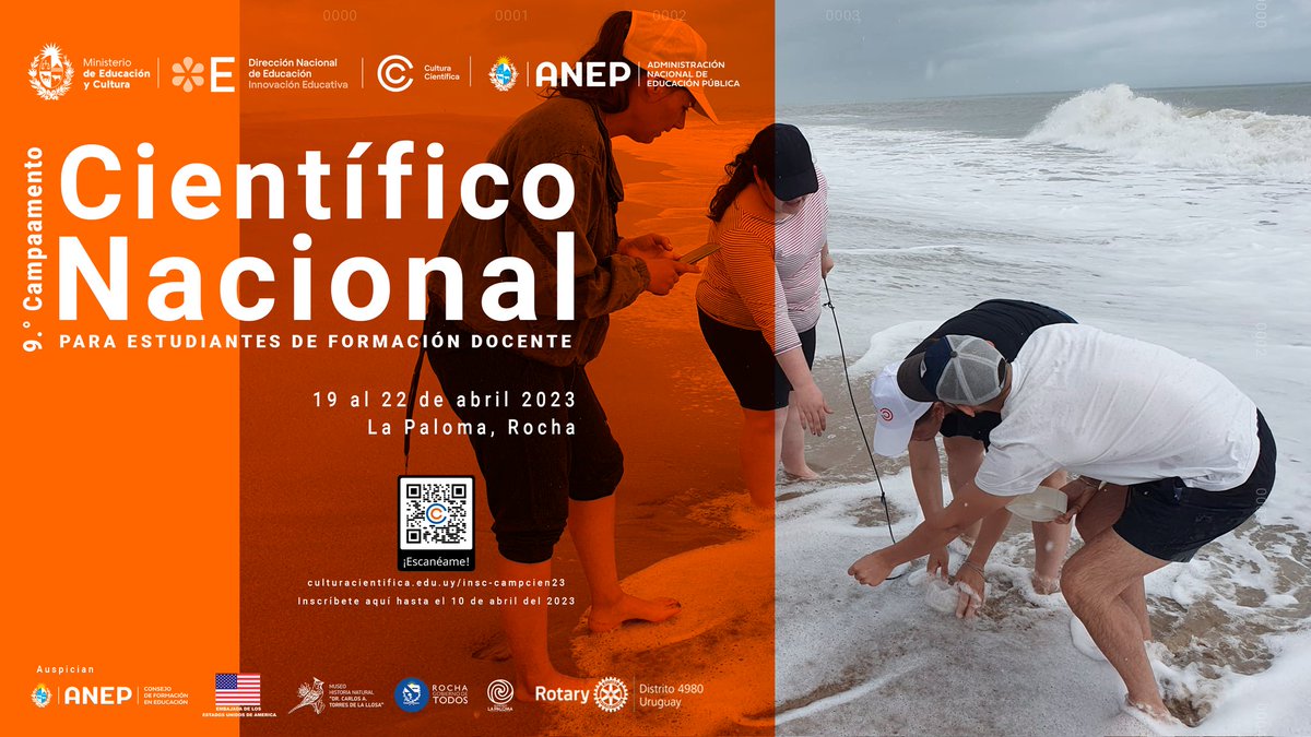 ccientificauy's tweet photo. 9.° Campamento Científico Nacional para estudiantes de formación docente 

Para estudiantes de formación docente con práctica de 3° aprobada.

Postulaciones hasta el 10 de abril en:
https://t.co/ooGw82vqe3
@educacion_mec
@ANEP_Uruguay
@usembassyMVD
@mhnllosa
#culturacientificauy https://t.co/DaDJUqq7az