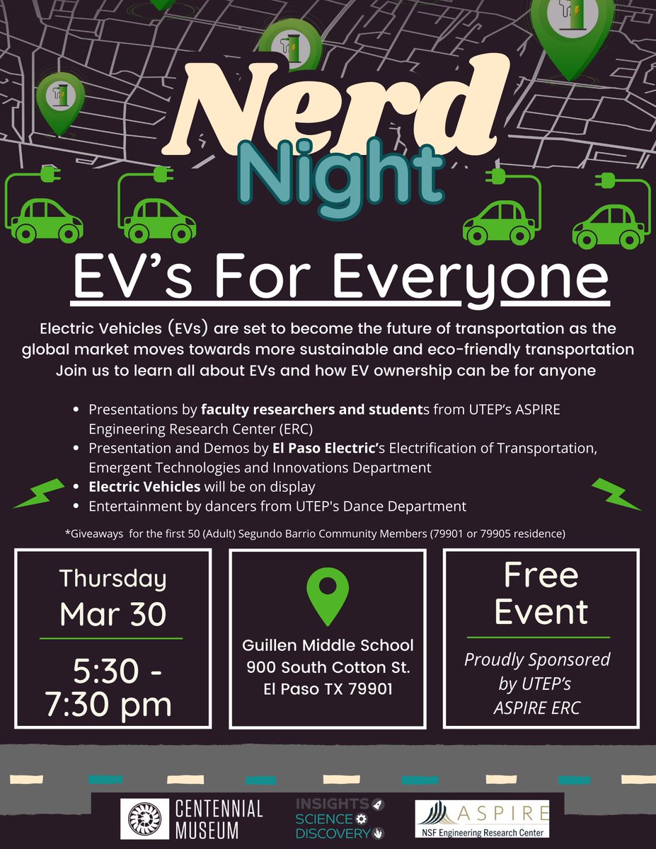 Get ready for an electrifying night of fun and learning at <a href="/InsightsElPaso/">Insights El Paso</a> #NerdNight at Guillen Middle School!

Don't miss your chance to rev up your knowledge on #EVs and discover the amazing incentives available. It's all FREE and open to the public. See you there!