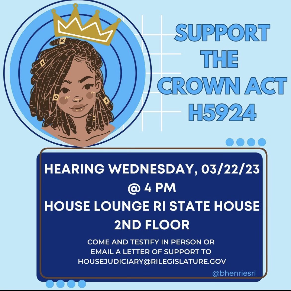 blmripac's tweet photo. This Wednesday is the hearing for The Crown Act, H5924 by @bhenriesri It would expand the definition of race to include hair texture and protective styles, so that way people are not discriminated against for their hair. https://t.co/vVrSFYfeLT