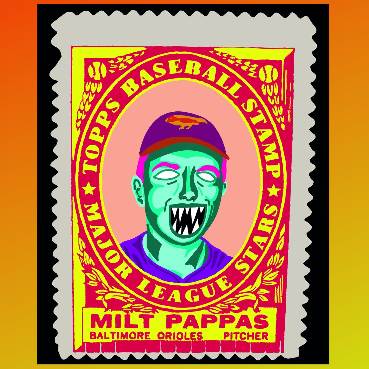 Let's kick off your week with a #NeonTerror of #MiltPappas and his 1961 #Topps stamp. #Gimpy pitched for #Orioles, #Reds, #Braves and #Cubs. Pappas was a 3x #AllStar, pitched a no-hitter on September 2, 1972 and was inducted into the #BaltimoreOrioles #HallofFame in '85. #CardArt