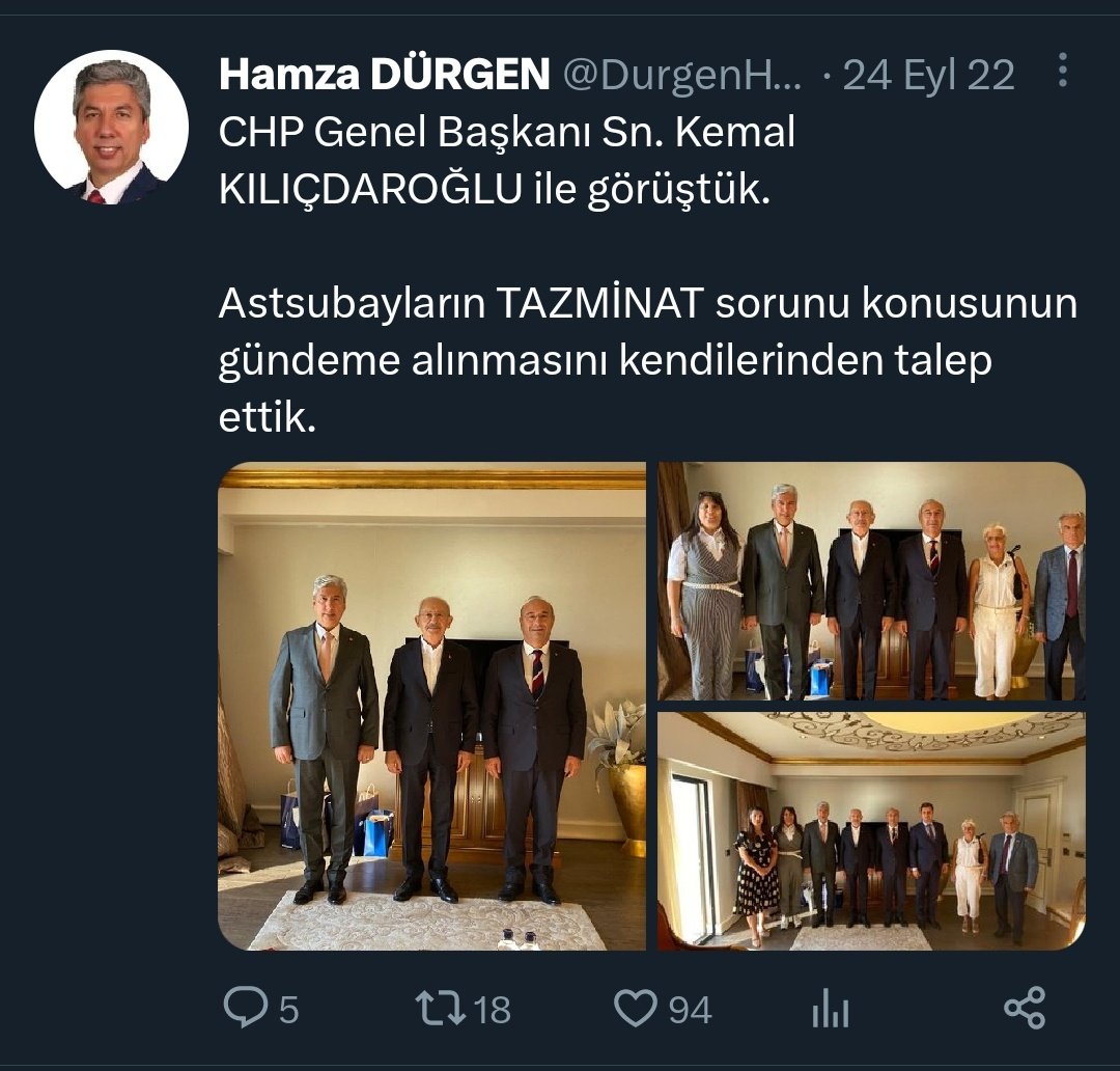 #Temad Gn.Bşk. Sn. #hamzadurgen, astsubayların tazminatı konusunda Sn. <a href="/kilicdarogluk/">Kemal Kılıçdaroğlu</a> ile 24.09.2022'de görüştünüz.

Sonraki dönemde ise muhalefete uzak durdunuz. Sn <a href="/CHPMuratBakan/">Murat BAKAN</a> dan çekindiniz.

Müjde için tekrar görüşün. 
Muhalefet olmadan olmaz.

 #AstsubaylaraMüjdeVerin
