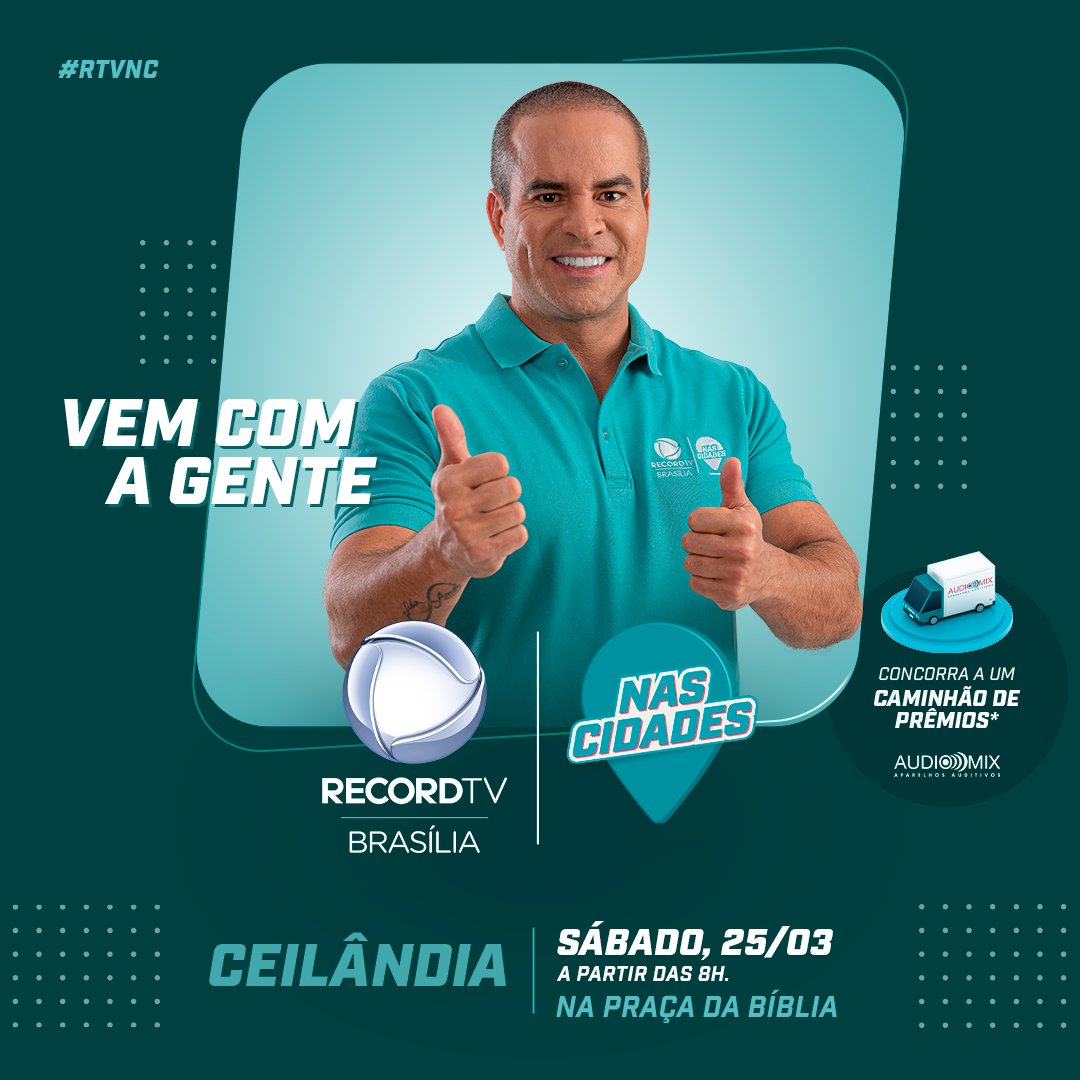 recordtvbsb's tweet photo. O Record TV Nas Cidades é nesse final de semana, se preparem! 😉 Vamos chegar com tudo em Ceilândia. Dia 25, às 8h da manhã, na praça da bíblia.
Não perca a chance de concorrer a um 🚚 de Prêmios da Audiomix Aparelhos Auditivos (@audiomixaparelhos),
.
#bgdf #boasorte #rtvnc https://t.co/jUJqNyQdQO