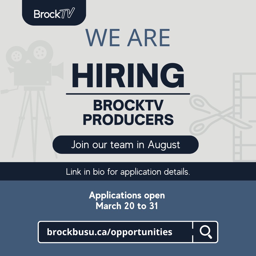 Interested in working for BrockTV? Applications are now open for producers to start in August 2023.

Applications are open from March 20 to March 31

For more info, visit brockbusu.ca/opportunities or click the link in our bio!