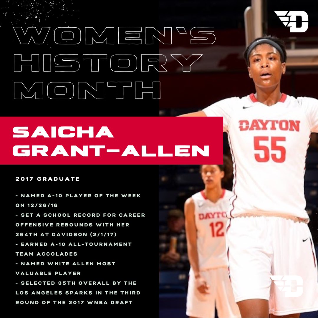 udsaac's tweet photo. In honor of Women’s History Month, we want to highlight some of our impressive alumni✈️

Kicking us off is 2017 @DaytonWBB graduate, Saicha Grant-Allen. She is currently playing basketball overseas for Team Nika in Russia.
-
#UDSAAC // #WomensHistoryMonth https://t.co/7hg6jNbOjx