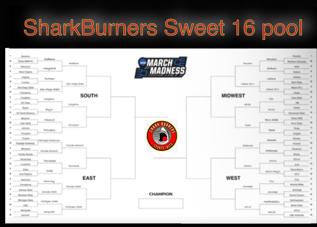 SharkBurners's tweet image. #GamblingTwitter #bracketbusters even the procappers #brackets are #busted 

Come join our 2nd annual
 #sharkburners #Sweet16 #pool 

pooltracker.com/join.asp?pooli…

$10 entry being collected by @maddoggthedogg 
Venmo to @maddogg83

🦈🔥