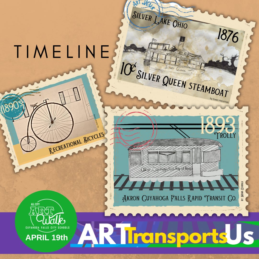 Did you know a trolly was built to connect Akron &amp; Cuyahoga Falls by the Rapid Transport Co. in the 1890’s? Stay tuned for more from our CFalls transportation timeline! Shoutout to student artists: Elysia Walters, Nathan Laney &amp; Muna Koirala for their stamp designs.