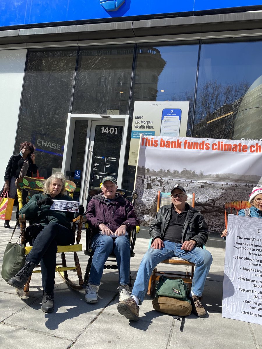 The first shift is beginning our twenty-four hour vigil at the Big Bad Banks funding the Climate Crisis: Chase, Citi, Wells Fargo and Bank of America. These oldsters are doing us proud!  #rockingchairrebellion #StopTheMoneyPipeline #ActOnClimate