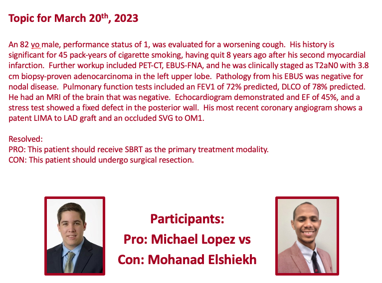 Mara Antonoff, MD, FACS (@maraantonoff) on Twitter photo Don't miss tonight's exciting <a href="/MDAndersonNews/">MD Anderson Cancer Center</a>-<a href="/UTHealthSurg/">UTHealth Surgery</a> CT Surgery Debate Style Journal Club.
SBRT vs surgery!! 6:30pm CT, all learners and faculty experts are welcome to participate. Please spread the word! <a href="/TSRA_official/">TSRA</a> <a href="/ThoracicStudent/">TSMA</a> mdacc.zoom.us/webinar/regist⦠Don't miss tonight's exciting <a href="/MDAndersonNews/">MD Anderson Cancer Center</a>-<a href="/UTHealthSurg/">UTHealth Surgery</a> CT Surgery Debate Style Journal Club.
SBRT vs surgery!! 6:30pm CT, all learners and faculty experts are welcome to participate. Please spread the word! <a href="/TSRA_official/">TSRA</a> <a href="/ThoracicStudent/">TSMA</a> mdacc.zoom.us/webinar/registā¦